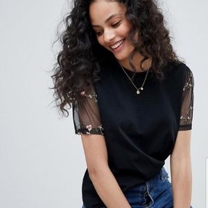 Black tee with a floral print mesh short sleeve